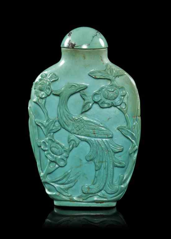 Appraisal: A Carved Turquoise Snuff Bottle of compressed flask form carved