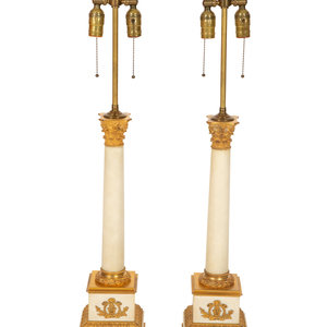 Appraisal: A Pair of Gilt Bronze Mounted White Marble Columnar Table