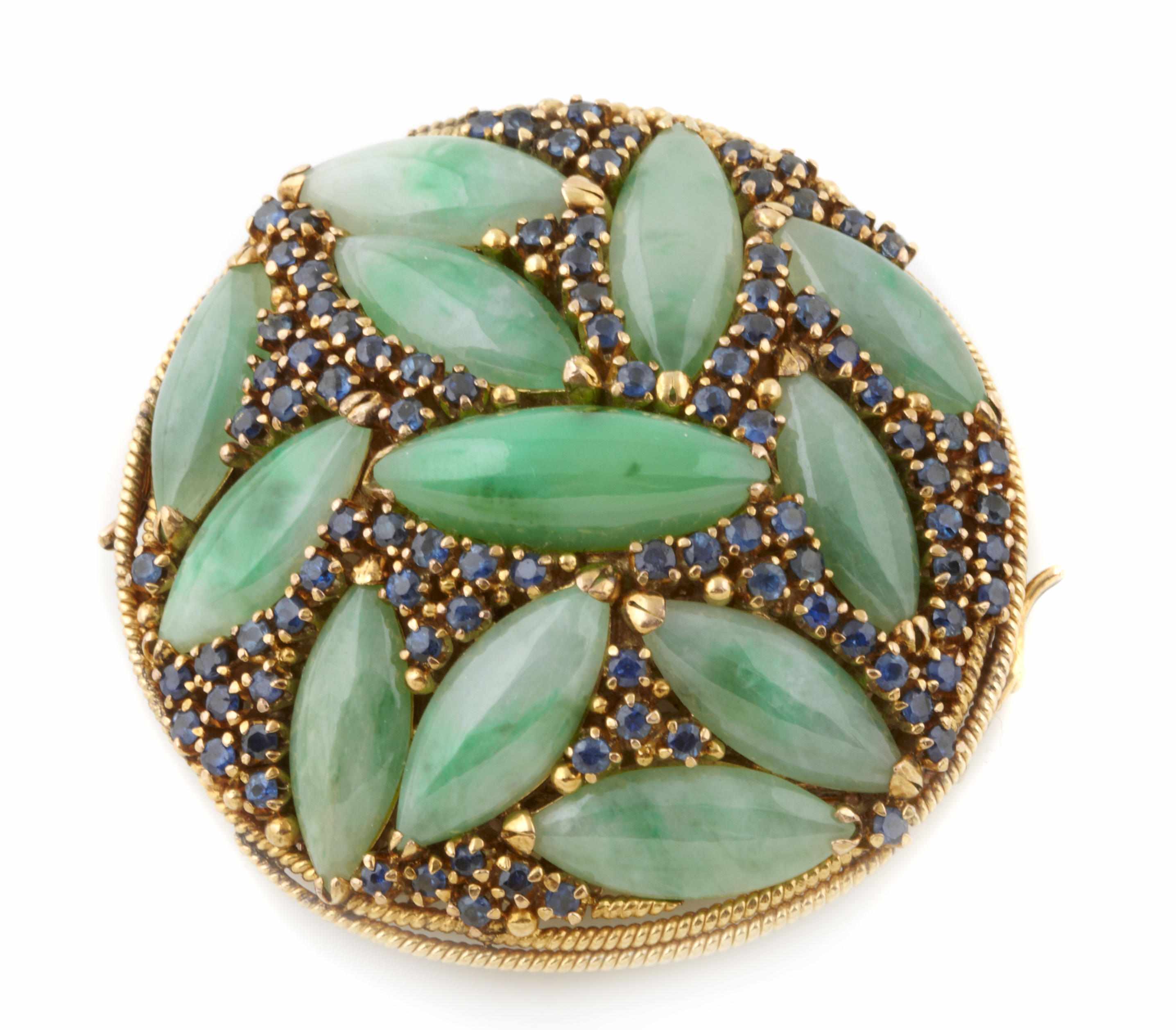 Appraisal: A jade sapphire and k gold pendant-brooch