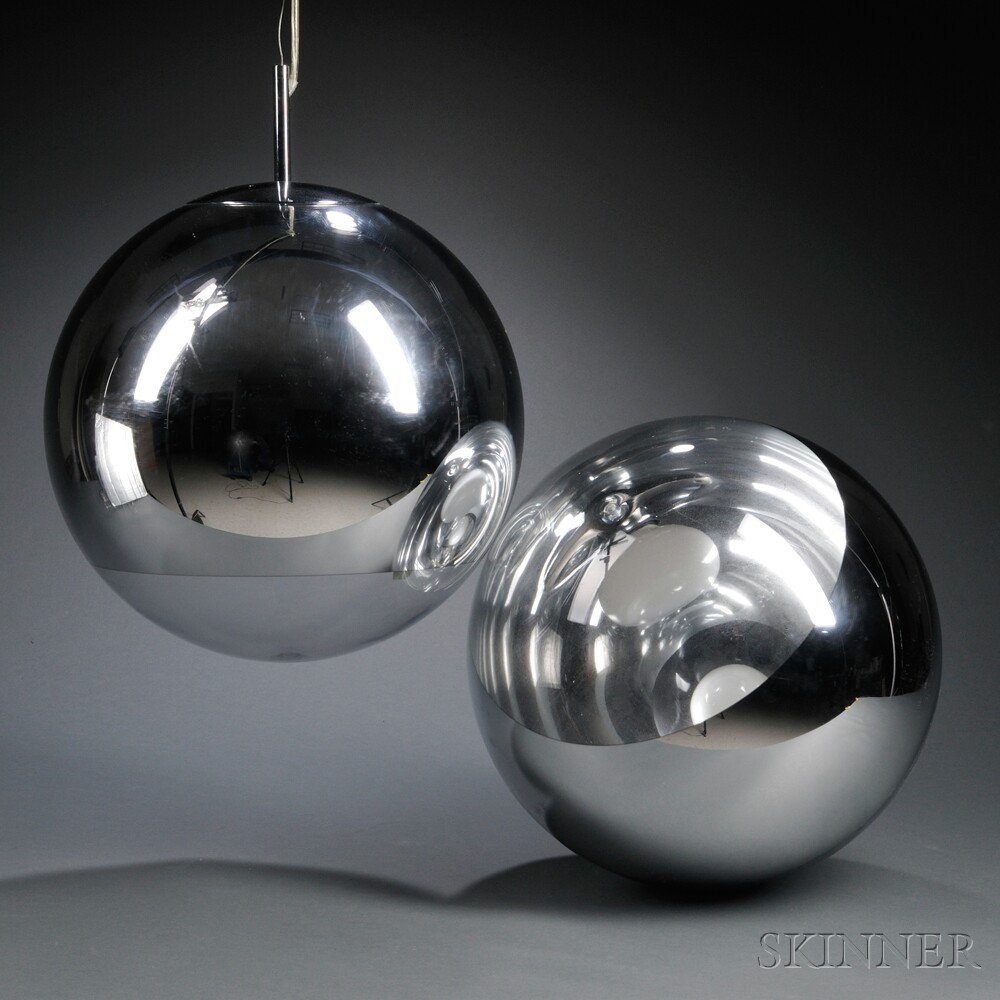 Appraisal: Two Tom Dixon Mirror Ball Pendant Lamps Polycarbonate chrome United