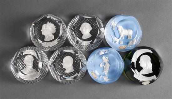 Appraisal: Seven Baccarat sulfide glass paperweights th century subjects include George