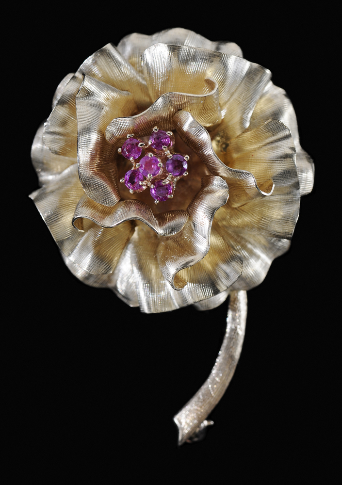 Appraisal: kt Yellow Gold and Ruby Foral Brooch three-dimensional flower accented