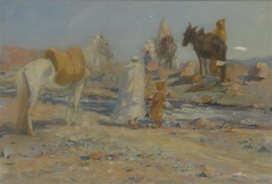 Appraisal: John Sydney Steel desert landscape with horses and Arabs watering