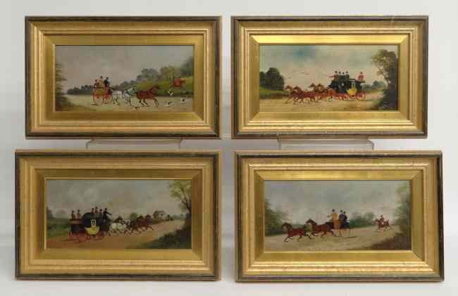 Appraisal: Set of four th c oil on masonite paintings coach