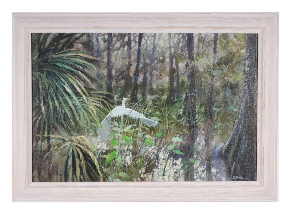 Appraisal: Oil on canvas painting of a white egret in a