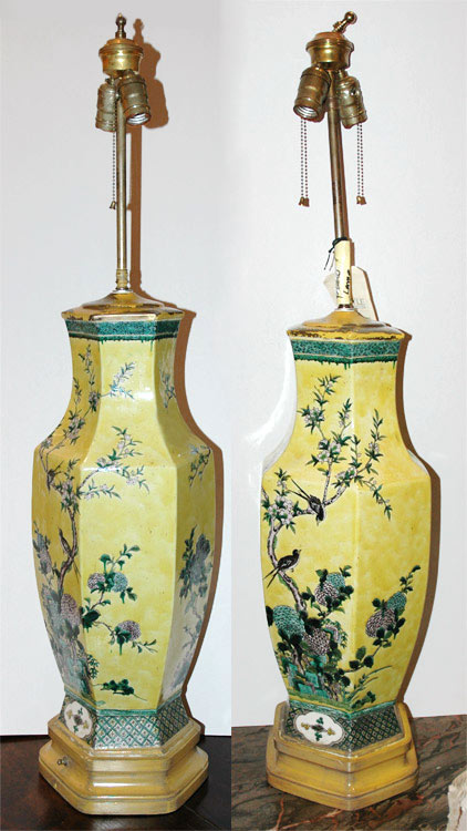 Appraisal: Pair of Chinese Yellow Glazed Porcelain Vasiform Two-Light Lamps Estimate