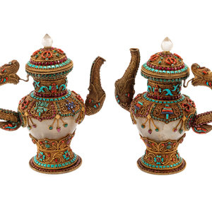 Appraisal: A Pair of Jeweled Gilt Filigree and Rock Crystal Teapots