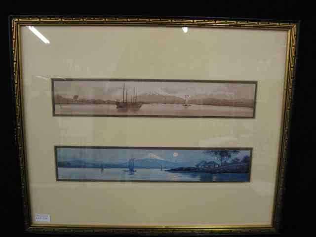 Appraisal: Japanese Watercolors day night scenes with Mt Fuji each approx