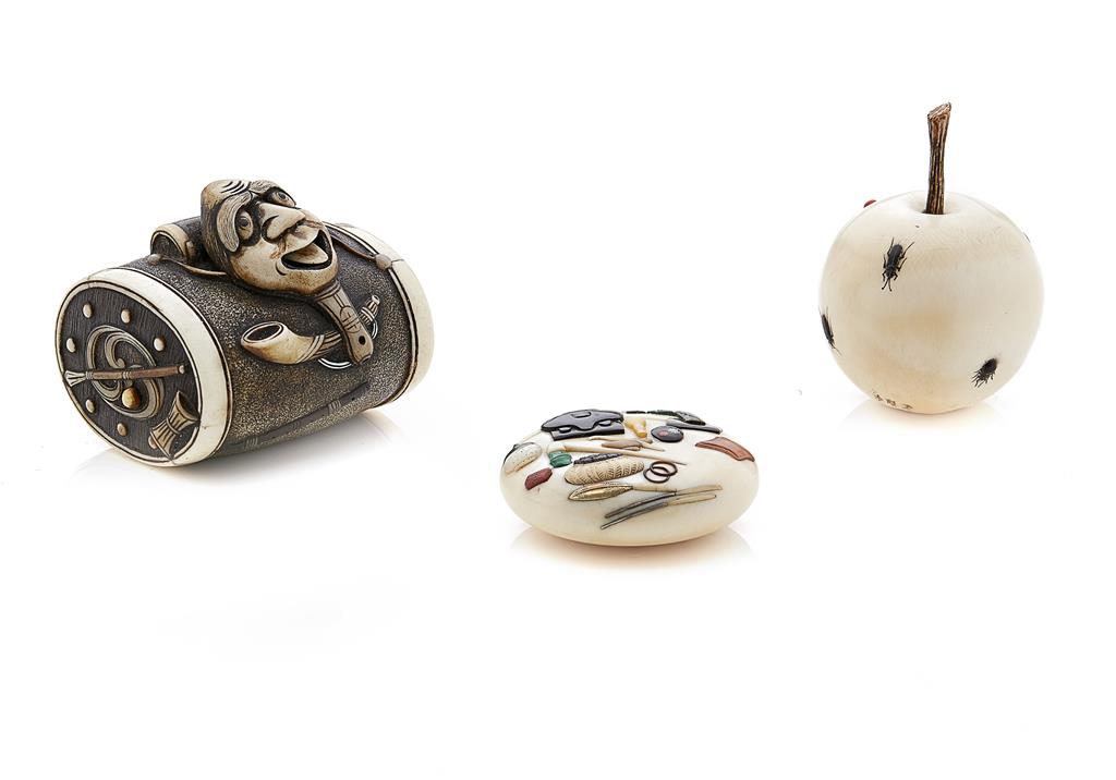 Appraisal: YTWO CARVED IVORY NETSUKE AND AN OKIMONO TH CENTURY the