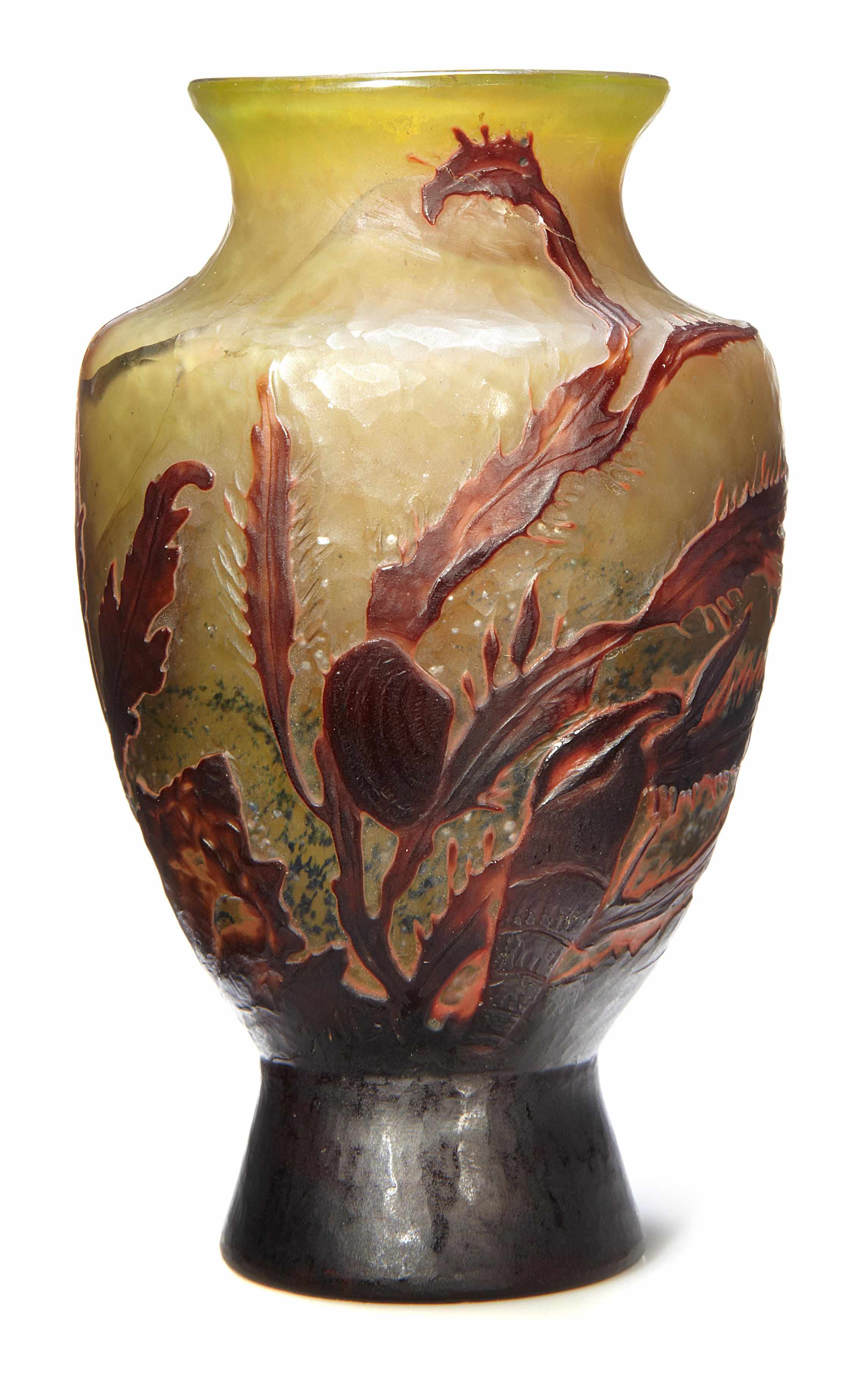 Appraisal: A Gall internally decorated wheel-carved glass aquatic vase circa circa