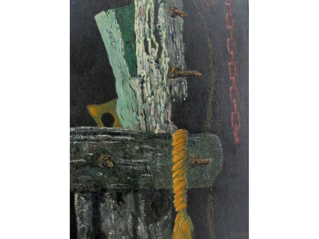 Appraisal: DAVID J MCFARLANE b PIER SUPPORT WITH CHAIN Oil on