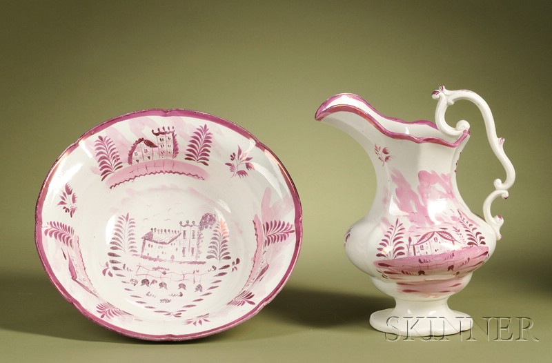 Appraisal: Sunderland Pink Lustre Water Pitcher and Basin England th century