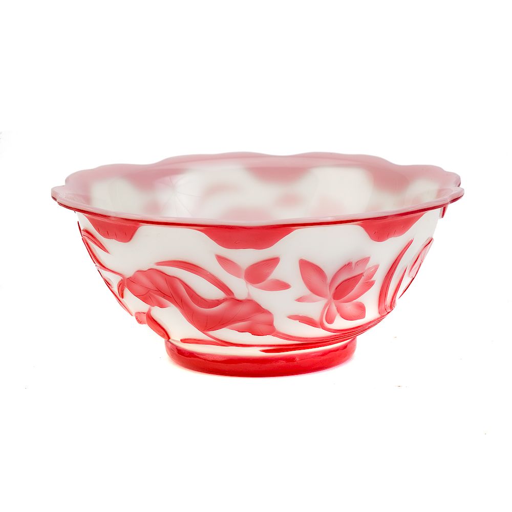 Appraisal: Chinese Peking Carved Glass Bowl with rose-red lotus relief decoration