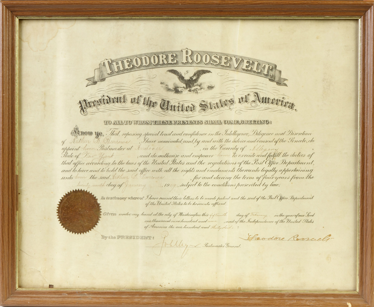 Appraisal: Theodore Roosevelt Signed Postmaster Document