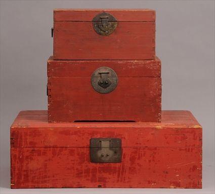 Appraisal: THREE CHINESE-STYLE RED PAINTED COVERED BOXES WITH BRASS HARDWARE x