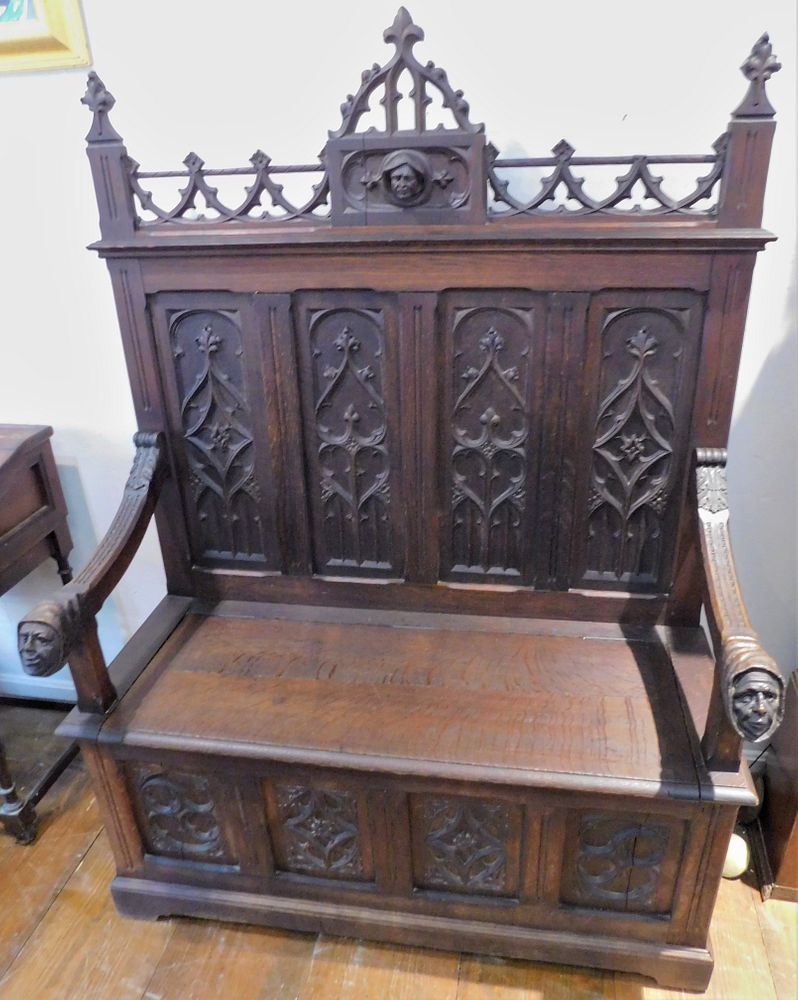 Appraisal: GOTHIC VICTORIAN OAK BENCH th century Gothic Victorian oak lift-seat