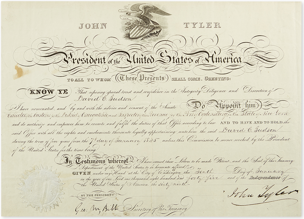 Appraisal: TYLER JOHN Partly-printed Document Signed as President appointing David C