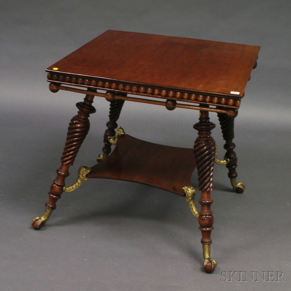 Appraisal: Brass-mounted Cherry Occasional Table the square top with spool turnings