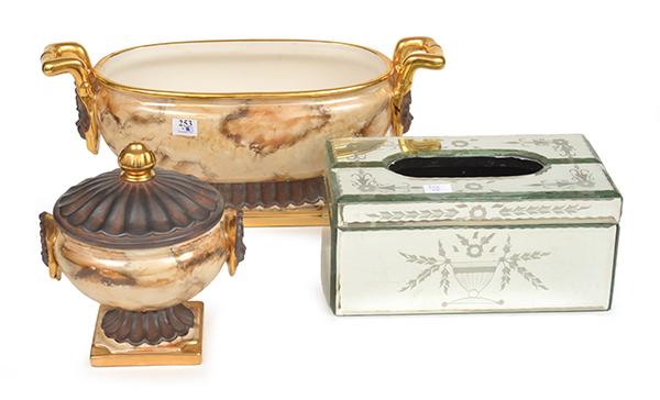 Appraisal: CERAMIC JARDINER A LIDDED BOWL A MIRRORED TISSUE BOX HOLDER