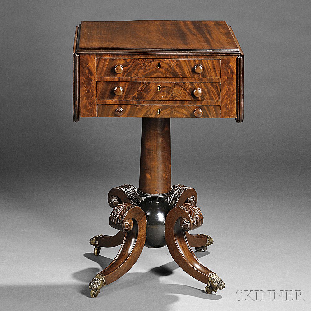 Appraisal: Classical Mahogany Carved and Mahogany Veneer Worktable Boston c on