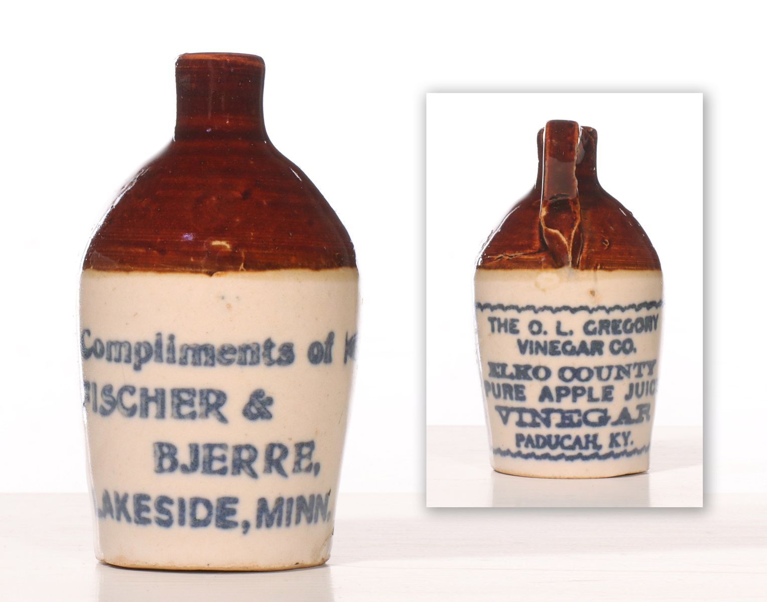 Appraisal: LAKESIDE MINNESOTA DOUBLE-SIDED VINEGAR MINI JUGThe condition is as shown