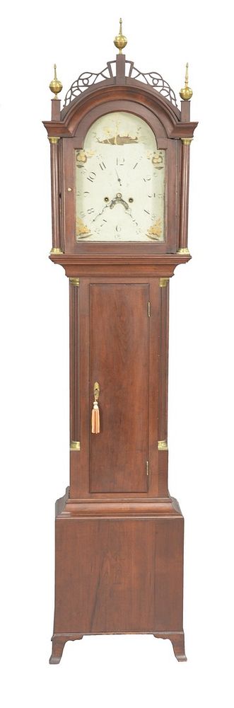 Appraisal: Federal Cherry Tall Clock having fretwork top with three brass