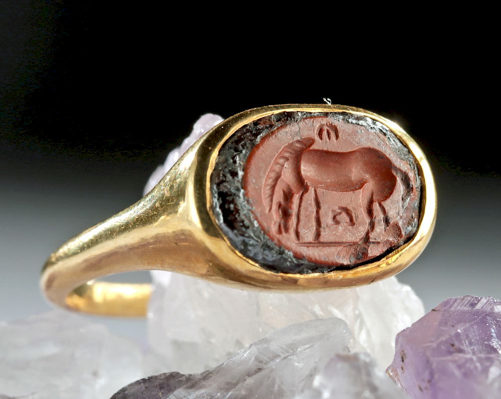 Appraisal: Roman Jasper Intaglio w Horse in Gold Ring - g