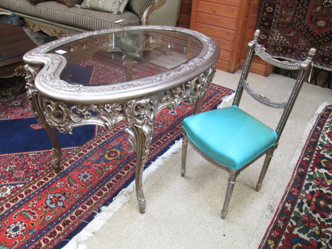 Appraisal: LOUIS XV XVI STYLE SILVER-GILT CENTER TABLE AND CHAIR the