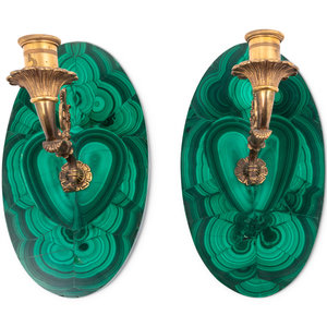 Appraisal: A Pair of Gilt Metal and Malachite Veneered Single-Light Sconces