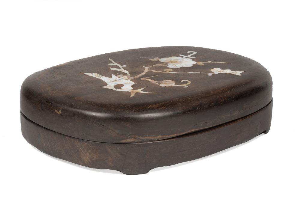 Appraisal: Chinese Inkstone in Mother-of-Pearl Inlaid Hardwood Case th c inkstone