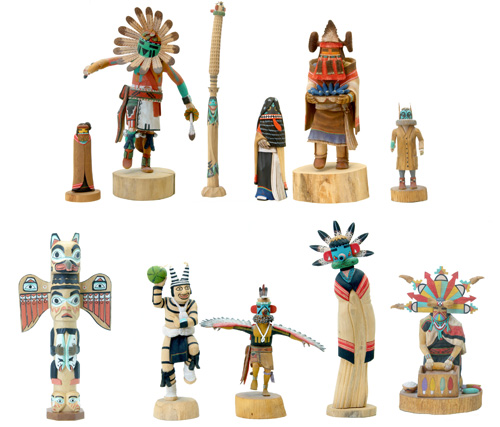 Appraisal: KATCHINAS Ten contemporary Kachina dolls and one Alaskan totem pole