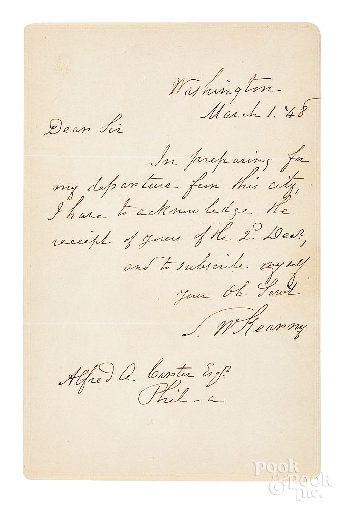 Appraisal: Stephen W Kearny handwritten letter Stephen W Kearny handwritten letter