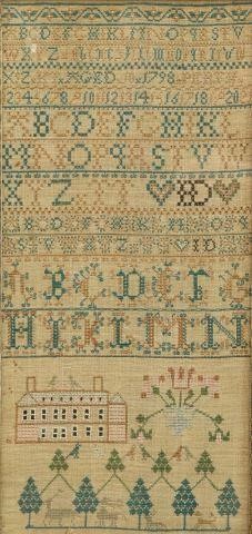 Appraisal: Framed Scottish needlepoint sampler on linen initialed KT aged dated