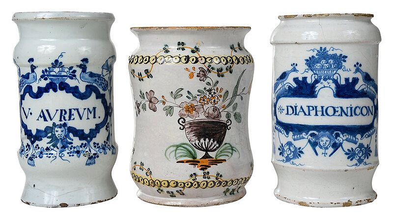 Appraisal: Three Delftware and Majolica Apothecary Jars Dutch probably early th