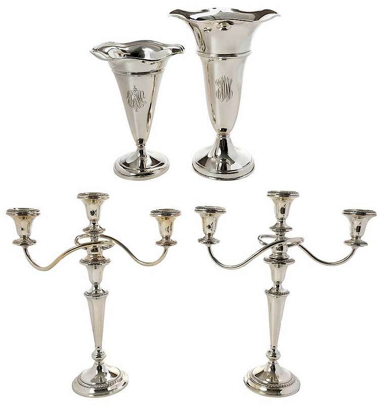 Appraisal: Pair Sterling Candelabra Two Trumpet Vases American th century including