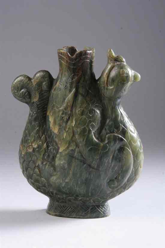 Appraisal: CHINESE SPINACH GREEN SOAPSTONE ROOSTER-FORM VASE th century - in