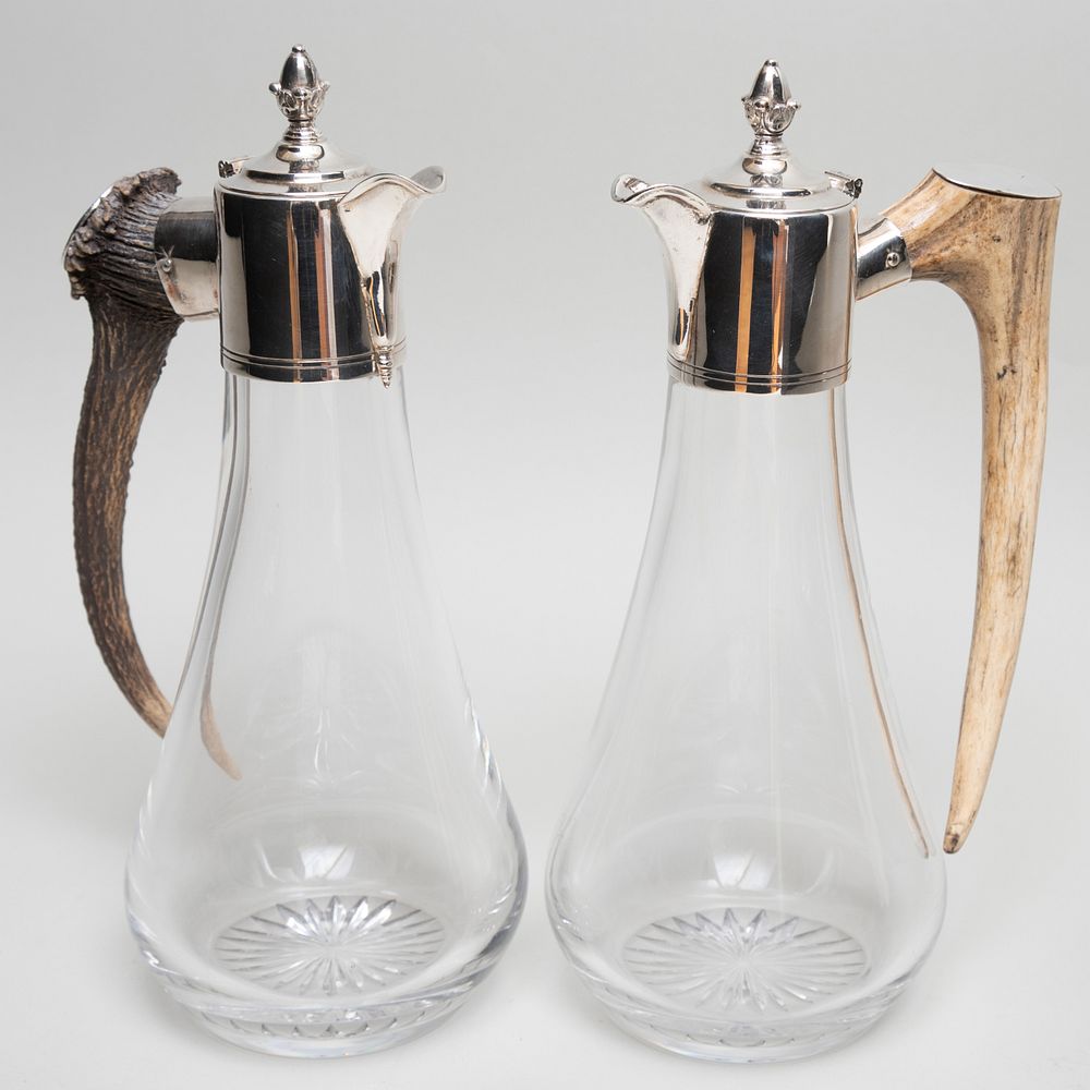 Appraisal: Pair of Horn and Silver Plate Mounted Glass Decanters Each