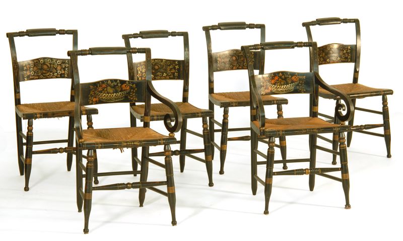 Appraisal: SET OF SIX ANTIQUE AMERICAN SHERATON RUSH-SEAT CHAIRS Painted black