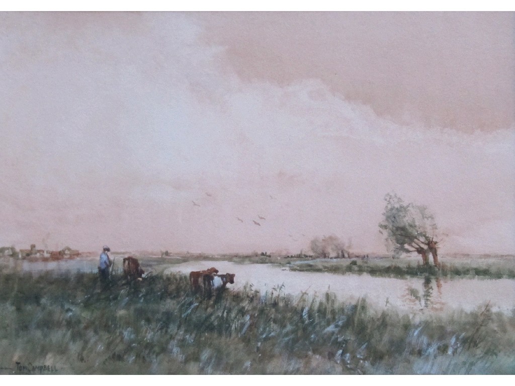 Appraisal: TOM CAMPBELL - Watercolour landscape with a figure and cattle