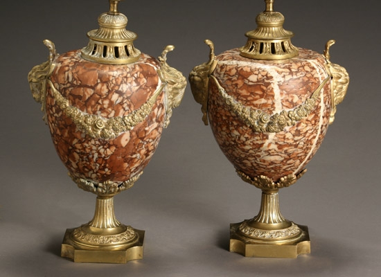 Appraisal: Pair of Louis XVI Style Ormolu Mounted Rouge Marble Urns