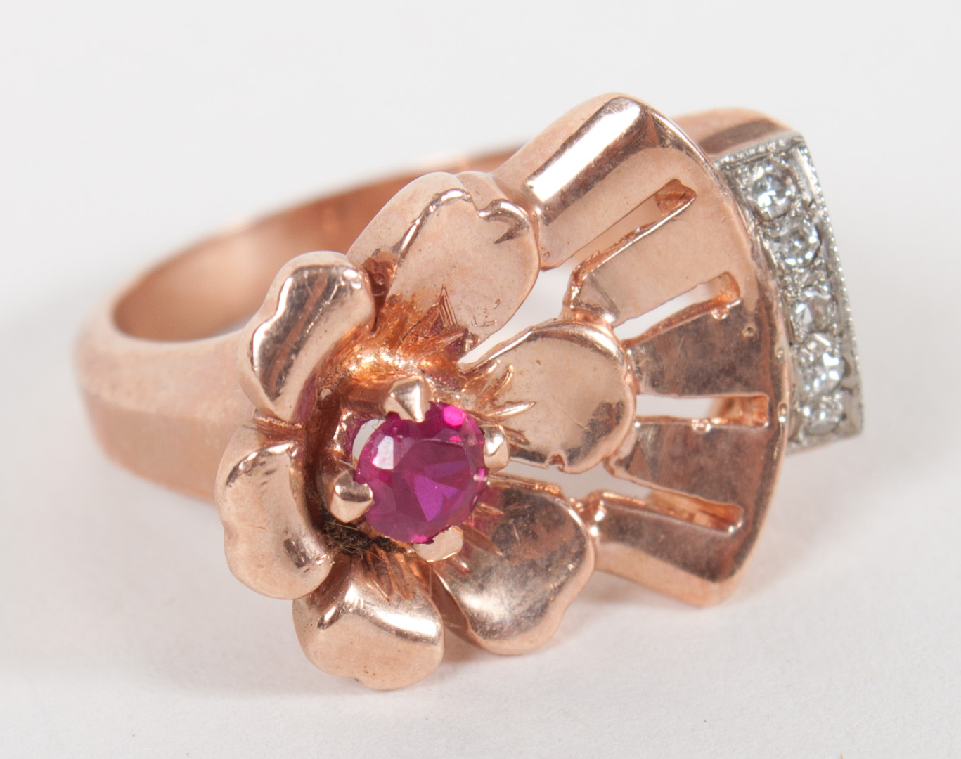 Appraisal: Lady's K rose gold diamond ruby ring size grams