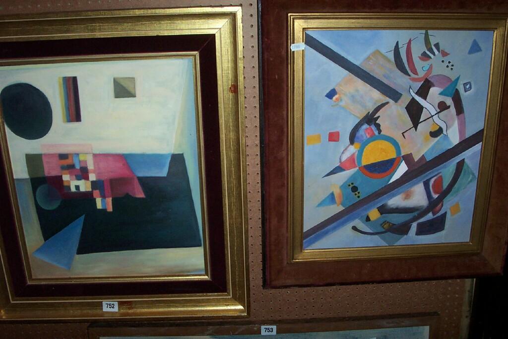 Appraisal: Two oil paintings on canvas of abstract geometric subjects both