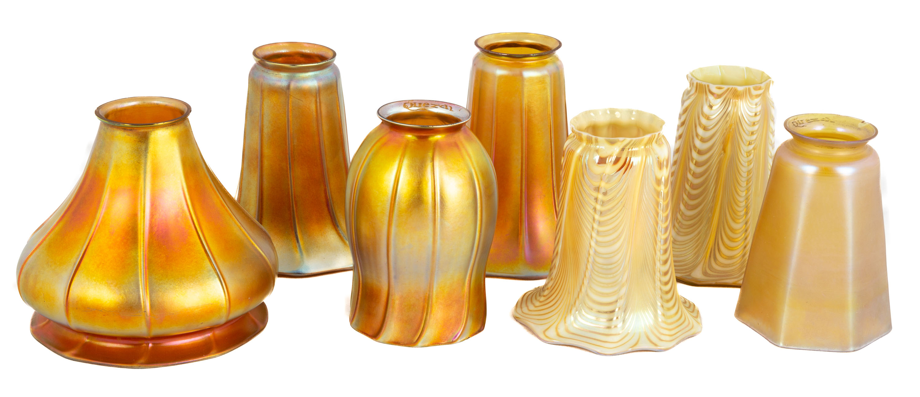 Appraisal: GROUP OF STEUBEN QUEZAL ART GLASS SHADES Early th century