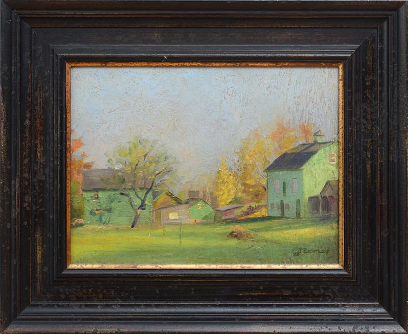 Appraisal: JOHN BENTLEY - FARM IN SPRING BACKYARDS Oil on paperboard