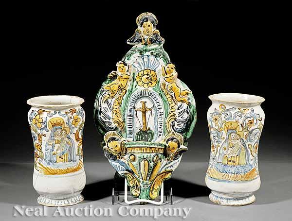 Appraisal: A Near Pair of Majolica Vases th c probably Spanish