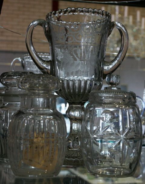 Appraisal: A twin handled glass loving cup etched celery and three