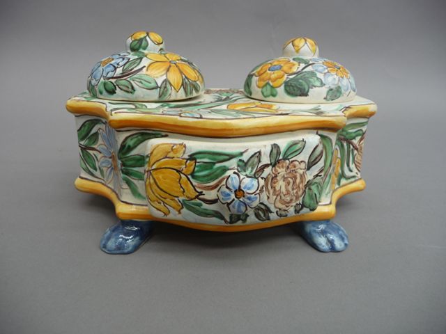 Appraisal: An Italian fianc desk ink stand by Caltagirone with two