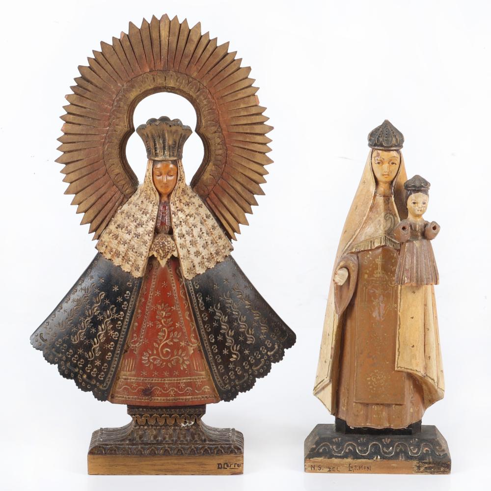 Appraisal: TWO SIGNED CARVED AND POLYCHROMED MEXICAN SANTOS FIGURES VIRGIN OF