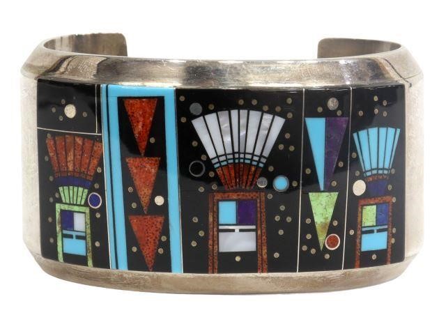 Appraisal: Native American multi-stone mosaic inlaid sterling silver cuff bracelet signed