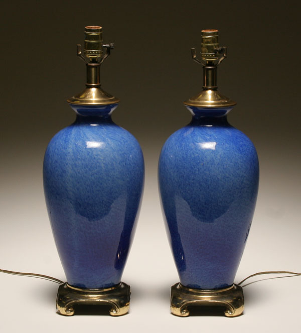 Appraisal: Pair cluthra-like glass table lamps powdered shaded color and bubbles